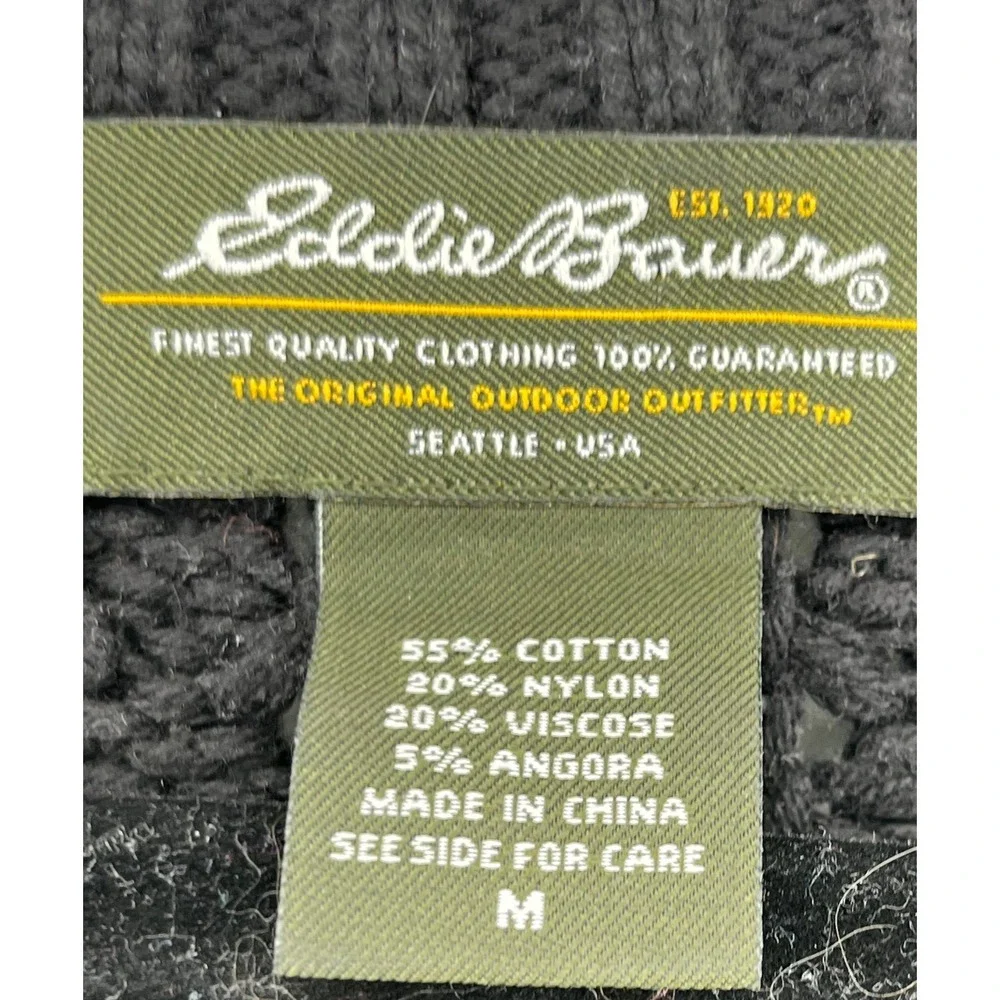 Eddie Bauer Black Cotton Angora Blend Chunky Pointelle‎ Knit Cardigan Sweater M
